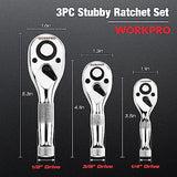 WORKPRO 3-Piece Stubby Ratchet Set, Quick Release Reversible, 1/4", 3/8", 1/2" Drive Mini Ratchet Handle, Small Ratchet Set, Chrome Alloy Made, CR-MO WORKPRO