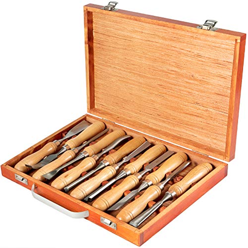 Mophorn Wood Chisel Sets 12pcs，Wood Carving Hand Chisel 3-3/4Inch Blade Length,Woodworking Chisels with Red Eucalyptus Handle,Wood Tool Box,for Wood