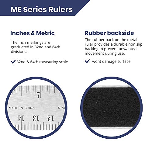 2 Pack | Stainless Steel 6 Inch Metal Ruler Non-Slip Rubber Back, with Inch and Metric Graduations - WoodArtSupply