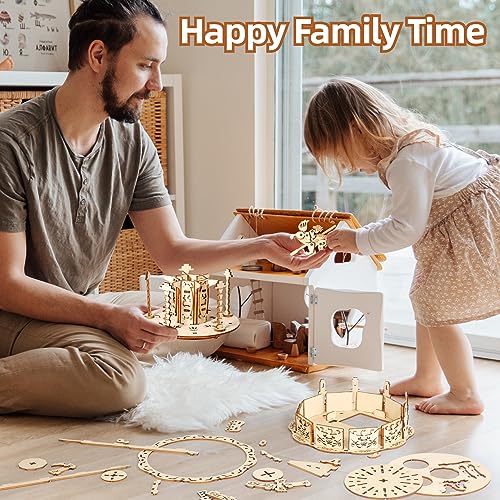 MIEBELY 3D Wooden Puzzles for Adults LED Carousel Music Box - DIY Crafts Model Building Kits for Teens Mechanical Model Stem Project Christmas Toy MIEBELY