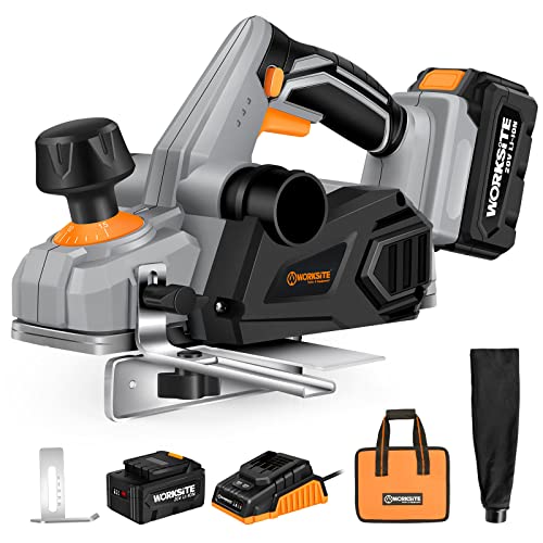 WORKSITE Hand Planer 20V Cordless 3-1/4-Inch Wood Planer with 4.0 Ah Lithium-Ion Battery, Fast Charger, Dust Collection Bag for Woodworking WORKSITE