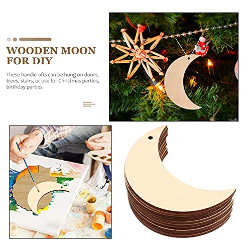EXCEART 10pcs Moon Wood Cutouts Moon Shaped Unfinished Wood Slices Predrilled Blank Wood Crafts Chips Tags Embellishments Ornament for DIY Pendant