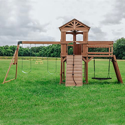 Backyard Discovery Sterling Point All Cedar Wooden Swing Set, Raised Clubhouse, Grey Wave Slide, Web Swing, Climbing Wall, 10ft Wave Slide, 2 Belt - WoodArtSupply