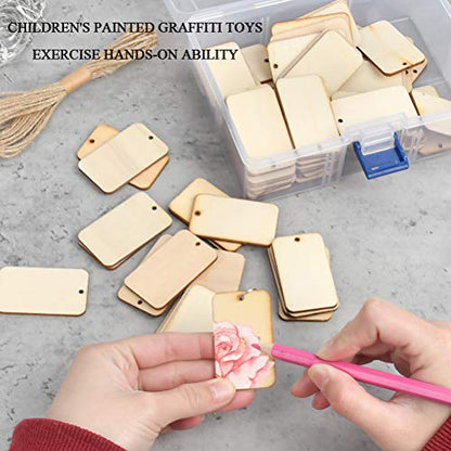 BUYGO, BUYGOO 80Pcs Blank Rectangle-Shaped Wooden Keychain Set, Unfinished Wood Pieces with 80pcs Key Rings and Hemp Rope Personalized Wood Keychain