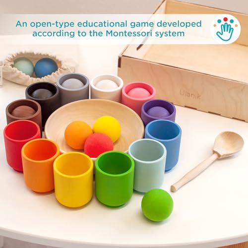 Ulanik Balls in Cups Toddler Montessori Toys for 1 Year Old + Kids Preschool Wooden Matching Games for Learning Color Sorting and Counting