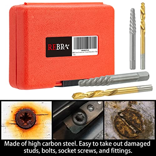 REBRA Screw Extractor and Left-Hand Drill Bit Set, Easy Out Broken Bolt Remover Reverse Cobalt HSS Steel Drill Kit, Ez Out Stripped, Rounded-Off, REBRA