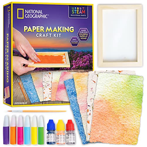 NATIONAL GEOGRAPHIC Kids Paper Making Kit - Make & Decorate 10 Sheets of Craft Paper, Includes Wooden Silk Screen Mold, Paints & More, Fun Art Kit - WoodArtSupply