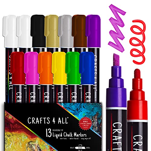 Crafts 4 All Liquid Chalk Markers For Blackboard Signs, Bistro Menu, Car Window Glass - Dry Erase, Washable - 13 Colored Chalk Pens w/Reversible Tips - WoodArtSupply