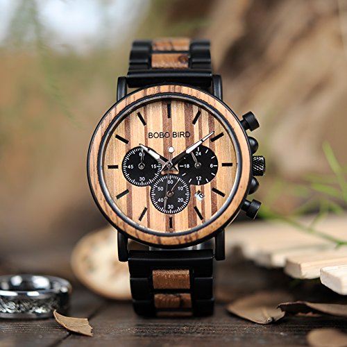 BOBO BIRD Mens Personalized Engraved Wooden Watches, Stylish Wood & Stainless Steel Combined Quartz Casual Wristwatches for Men Family Friends BOBO BIRD