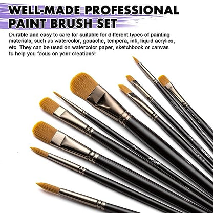 Artist Paint Brush Set of 10 for Acrylic, Watercolor, Gouache and Oil Painting, Professional Art Paint Brushes Kit for Canvas, Body Painting, Model,