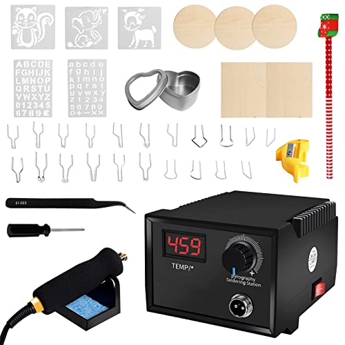 Pyrography Machine Soldering Iron Set 60W LCD Wood Burner Set Temperature Adjustable with 21 Pyrography Wire Tips for Wood Leather Gourd - WoodArtSupply