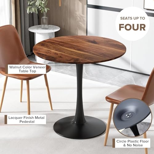 yotomaki 31.5" Round Dining Table with Natural Wood Table Top,Mid-Century Black and Walnut Tulip Table, Pedestal Base Table for 2-4 Person - WoodArtSupply