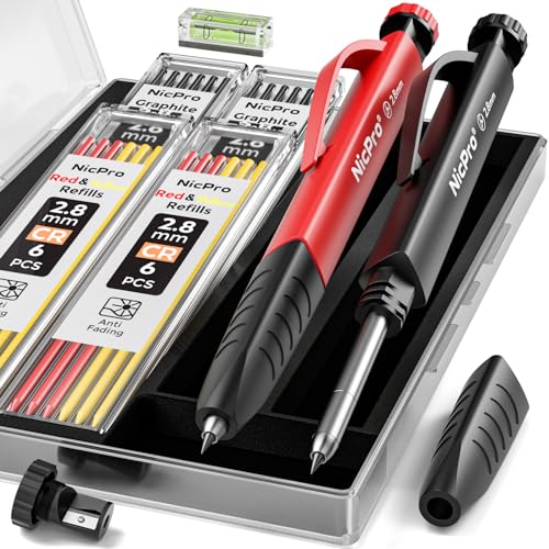 Nicpro 2 Pack Carpenter Pencil Set with Sharpener & Finger Grip, Solid Mechanical Pencils with 26 Refills (Red, Black, Yellow), Deep Hole Marker - WoodArtSupply