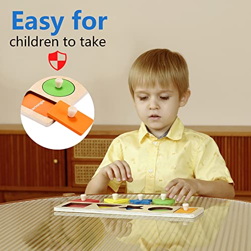 QODOFLR First Shapes Knob Chunky Wooden Peg for Baby，Geometric Shape Sorting Toy, Montessori Educational Learning Peg Puzzle，Great Preschool Puzzles QODOFLR