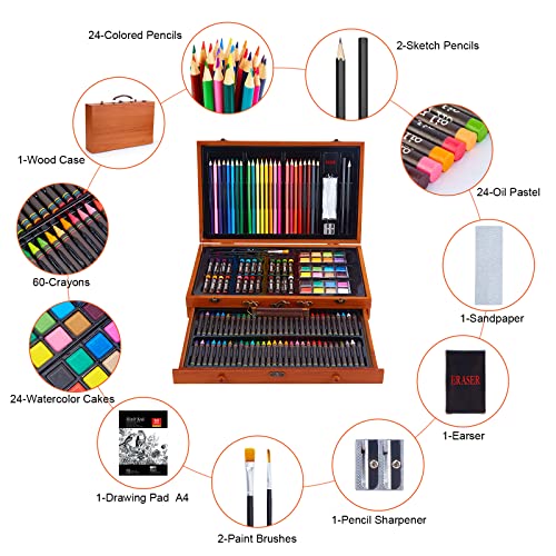 AGPTEK Art Set, 141 Pieces Deluxe Art Set, Wooden Painting Case & Art Supplies Kit with Crayons, Colored Pencils, Sketch Pencils, Paint Brushes, - WoodArtSupply