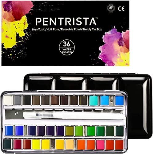 PENTRISTA Watercolor Paint set, 36 Colors Premium Solid Watercolor Half Pans in Tin Box, 1 refillable Water Brush Pen, Art Pigment Kit Perfect for - WoodArtSupply