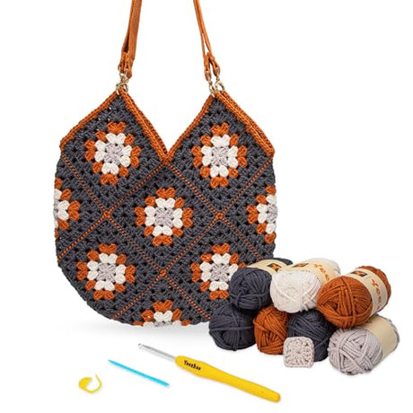 Yeezhee Crochet Kit for Beginners, Crochet Bag Starter Kit with Step-by-Step Video Tutorials, Granny Square Crochet Tote Bag Set, Knitting Kit Yeezhee