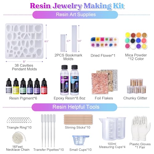 LET'S RESIN Epoxy Resin Jewelry Making Supplies,Resin Kits and Molds Complete Set Included Dried Flowers,Resin Dye,Necklace Chain,Resin Art Starter