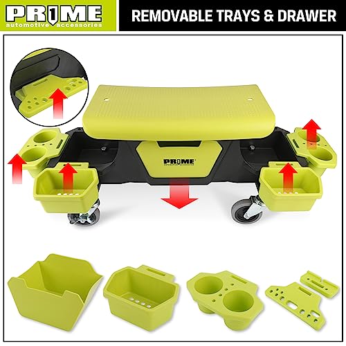 PR1ME Rolling Detailing Creeper Seat, Roller Mechanic Detailing Utility Seat, Rolling Mechanic Stool with Wheels, Removable Tool Trays Drawer, 300 Prime 1