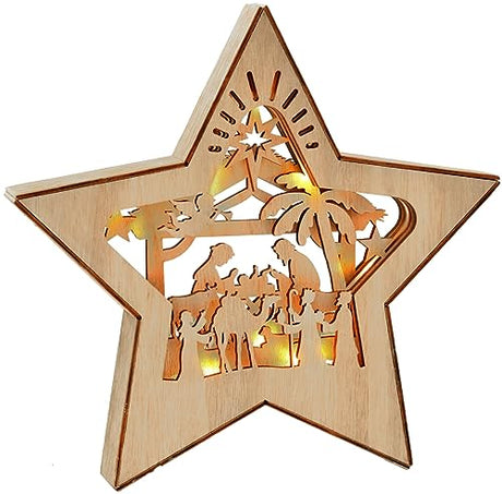 Ovootok Christmas Nativity Scene Ornament, 3D Wooden Star LED Christmas Decorations for Indoor, Rustic Nativity Set Christmas Decor, Religious Ovootok
