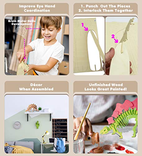 Puzzled 3D Puzzle Stegosaurus Dinosaur Wood Craft Construction Model Kit Fun & Educational DIY Wooden Dino Toy Assemble Model Unfinished Craft Hobby Puzzled