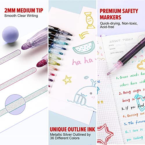Double Line Outline Markers, 36 Colors Super Squiggles Shimmer Outline  Marker Pen Set, Self Outline Metallic Markers 