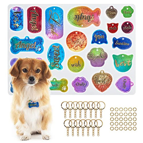 Konrisa Pet Tag Resin Molds, Silicone Molds for Resin Casting Pet Collar Tags Dog Cat Name, Keychain Resin Molds with 15Pcs Keychains Ring Making Tag Konrisa