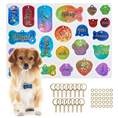 Konrisa Pet Tag Resin Molds, Silicone Molds for Resin Casting Pet Collar Tags Dog Cat Name, Keychain Resin Molds with 15Pcs Keychains Ring Making Tag