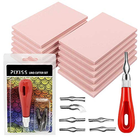 Rubber Block Stamp Carving Blocks Stamp Making Kit with Cutter Tools, 12-Pack Carving Rubber Stamps for Printmaking, Printing and More Pixiss
