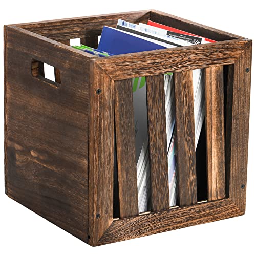 Yarlung Wood Storage Bin Cube Wood Crate with Handles, Rustic Brown Decorative Box Books Toys Shelf Basket Organizer for Closet, Bookcase, Workroom,