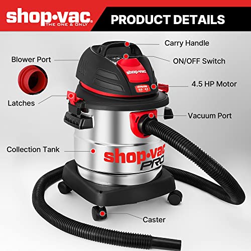 Shop-Vac 5 Gallon 4.5 Peak HP Wet/Dry Vacuum, Stainless Steel Tank, Portable Shop Vacuum with Filter, Hose and Accessories for Garage, Workshop. Shop-Vac