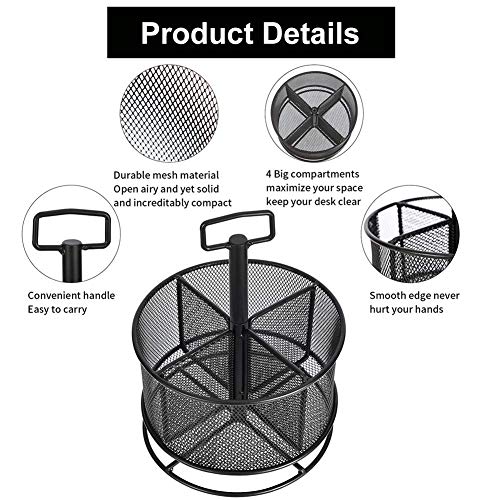 Marbrasse Mesh Desk Organizer, 360-Degree Rotating Multi-Functional Pen Holder, 4 Compartments Desktop Stationary Organizer, Home Office Art Supply Marbrasse