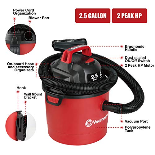 Vacmaster 2.5 Gallon Shop Vacuum Cleaner 2 Peak HP Power Suction Lightweight 3-in-1 Wet Dry Vacuum with Blower & Wall Mount Design for Cleaning Car, Vacmaster