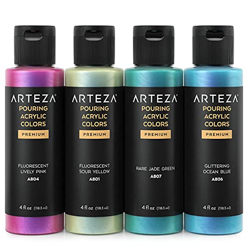 ARTEZA Iridescent Acrylic Paint, Set of 4, Candy Tones, 4 fl oz Bottles, High-Flow Pouring Paint, Art Supplies for Canvas, Glass, Wood, Ceramics, ARTEZA