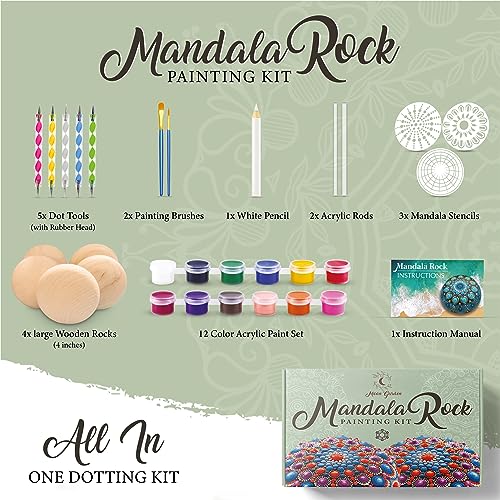 Mandala Rock Painting Kit - Mandala Dotting Tools Kit - Large Wooden Rocks for Painting, Mandala Stencils, Acrylic Paints, Dotting Tools for Painting Moon Garden