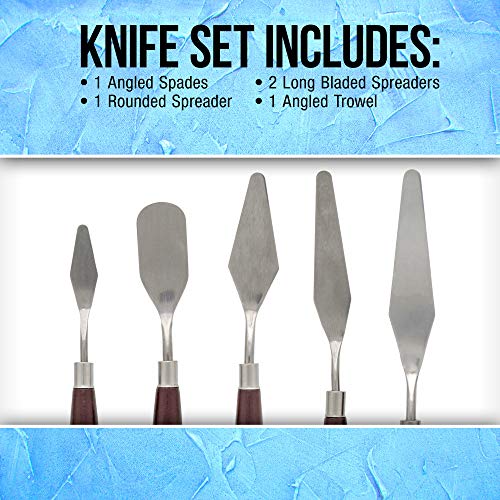 U.S. Art Supply 5-Piece Stainless Steel Palette Knife Set - Flexible Spatula Painting Knives for Color Mixing, Spreading, Applying Oil & Acrylic - WoodArtSupply