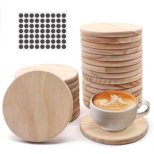 24 PCS Unfinished Round Wood Coasters, SIJDIEE 4 Inch Blank Wooden Craft Coasters with Non-Slip Foam Pad Stickers for DIY Stained Painting Wood - WoodArtSupply