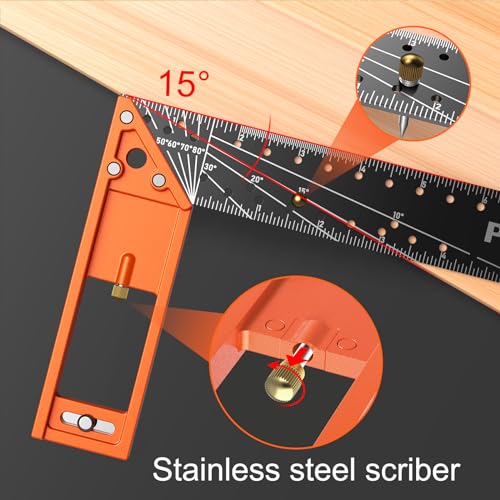 12” Woodworking Square Ruler - Preciva Right Angle Ruler Carpenter Square Layout Tool, Features Stainless Steel Blade, Retractable Ledge, 1/16” and Preciva
