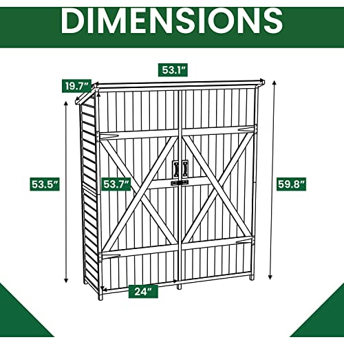 Hanover Outdoor Storage Shed, Double Door Wood Shed for Tools and Garden Supplies with Shelf and Locking Latch, 36 Cu.Ft. Capacity (4.4' x 5' x Hanover