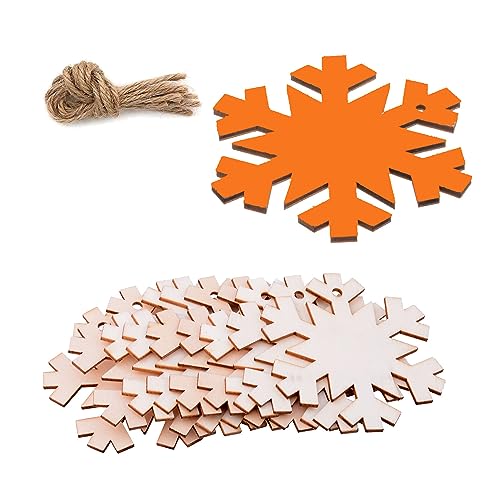 50pcs Wooden Ornaments Unfinished with Hole Wooden DIY Christmas Ornaments Hanging Decorations DIY Crafts Holiday Supplies (Wooden Snowflake Cutouts)