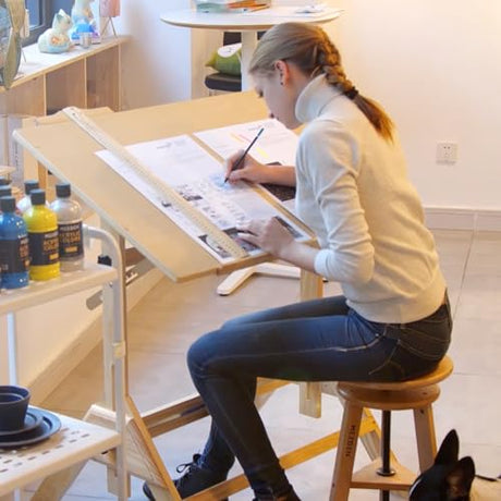 MEEDEN Wood Drafting Table & Stool Set,Artist Stool and Craft Table with Adjustable Height,Tiltable Tabletop for Artwork, Graphic Design, Reading, MEEDEN