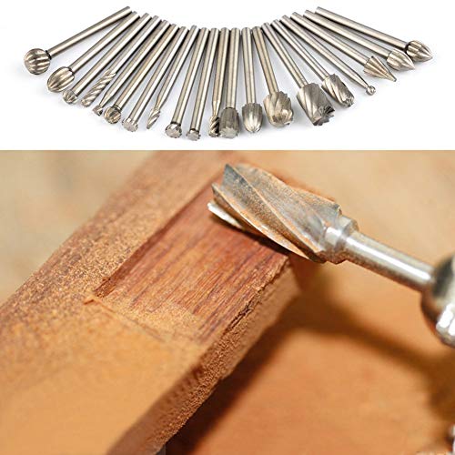 Tungsten Carbide HSS Rotary Burr Set - APlus 20pcs Wood Carving Drill Bits Set with 3mm 1/8 inch Shank for DIY Woodworking, Carving, Engraving, APlus