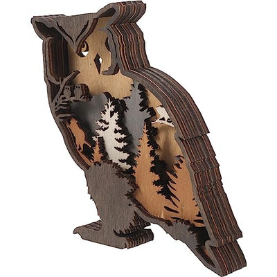 Rustic 3D Wooden Owl Carving Wall Décor - Multi-Layer Silhouette Figurine for Farmhouse and Mountain Theme Decor