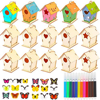 Outus Wooden DIY Craft Doodle Small Bird House Set Include Unfinished Wood Mini Bird House to Paint and Watercolor Paint Pen and 3D Butterfly Wall