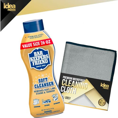 Idea Home Bar Keepers Friend Soft Cleanser (VALUE PACK 26 OZ) Multipurpose Cleaner & Rust Stain Remover Bundle Premium Microfiber Cleaning Cloth