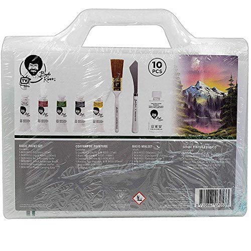 Bob Ross Basic Paint Set - 10 Piece Landscape Set with Plastic Storage and Carry Case, 2-in1 Studio Easel, Clear Plastic Palette - Bundle BobRoss
