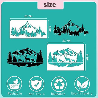 Mountain Stencils for Painting on Wood Burning Stencils and Patterns Reusable Nature Deer Tree Stencils for Crafts Canvas Furniture Wall Drawing Pattern Decorative (Mountain)