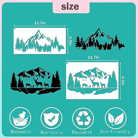 Mountain Stencils for Painting on Wood Burning Stencils and Patterns Reusable Nature Deer Tree Stencils for Crafts Canvas Furniture Wall Drawing yhslmh