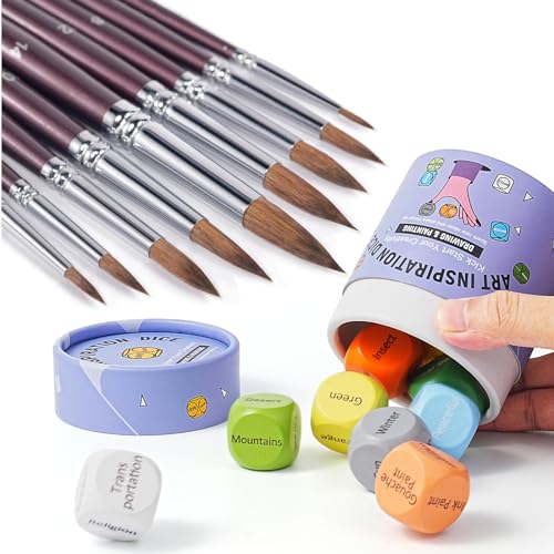 Sable Watercolor Brushes & Inspiration Art Dice, Fuumuui 9pcs Detail to Mop Kolinsky Sable Brushes with Wooden Art Dice for Adults, Artists & Fuumuui