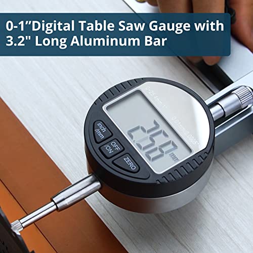 ALLmeter Digital Table Saw Gauge with 0~1 inch Dial Indicator and 3.2 inch Long Anodized Aluminum Bar for Work Shop Machinery, Table Saws, and ALLmeter